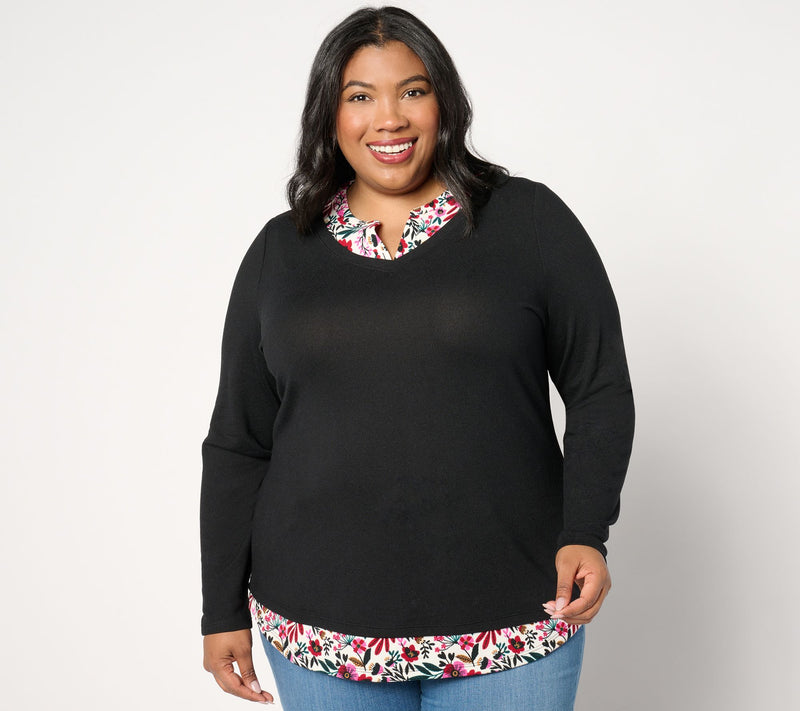 Denim & Co. Printed Floral Heavenly Jersey 2Fer Long Sleeve Top — View 16