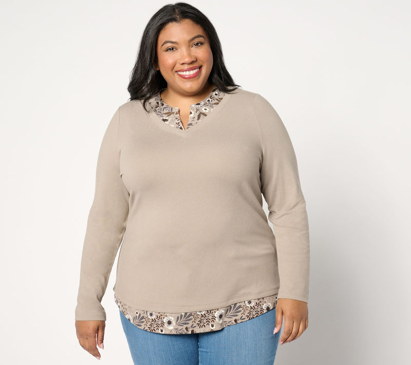 Denim & Co. Printed Floral Heavenly Jersey 2Fer Long Sleeve Top — View 17