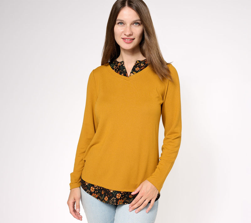 Denim & Co. Printed Floral Heavenly Jersey 2Fer Long Sleeve Top — View 7