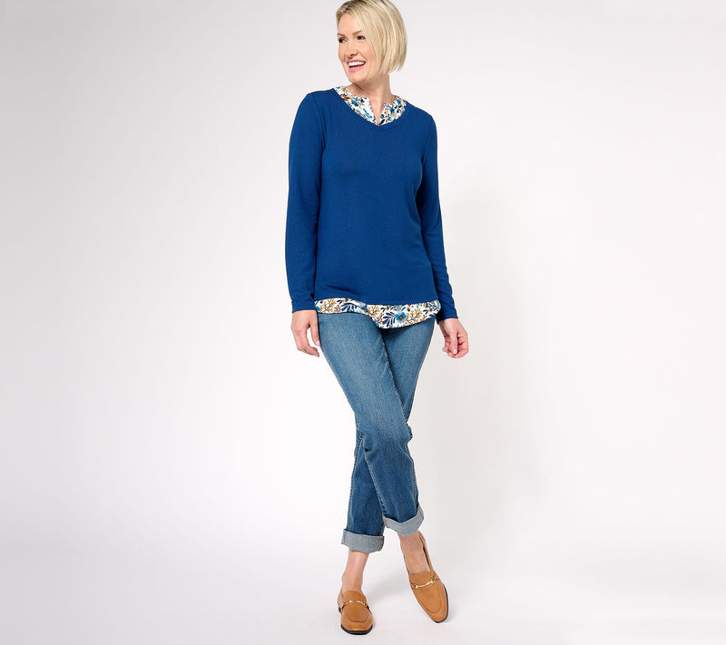 Denim & Co. Printed Floral Heavenly Jersey 2Fer Long Sleeve Top — View 11