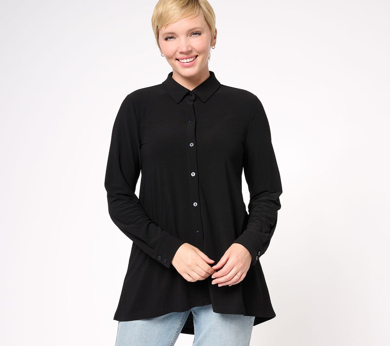 Dennis Basso Caviar Crepe Knit Button Front Big Shirt w/ Hi-Low Hem — View 3