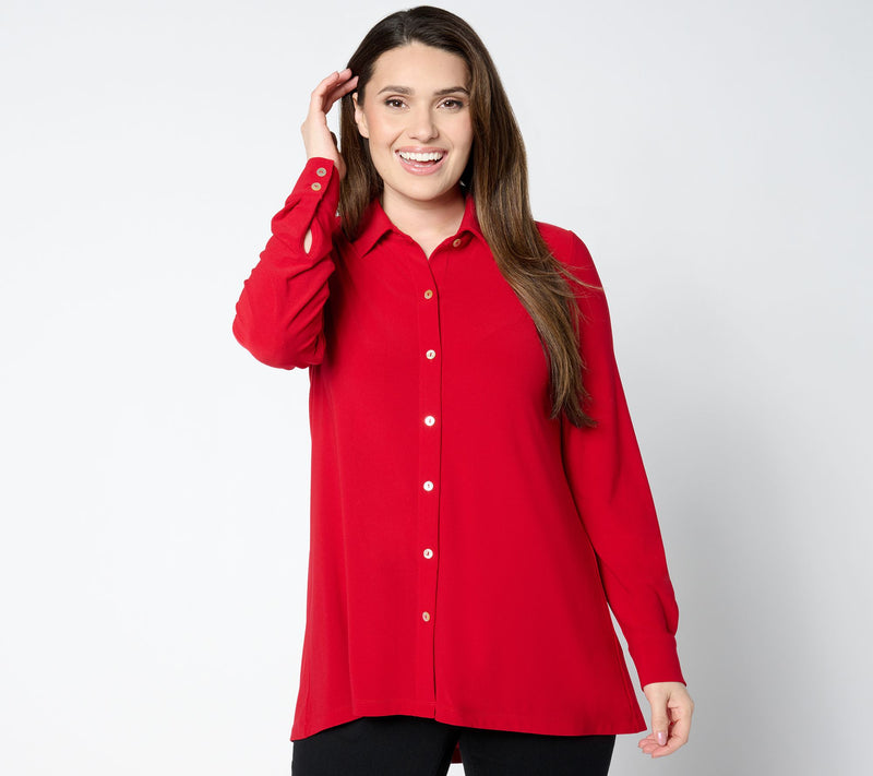Dennis Basso Caviar Crepe Knit Button Front Big Shirt w/ Hi-Low Hem — View 18