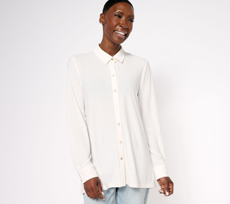 Dennis Basso Caviar Crepe Knit Button Front Big Shirt w/ Hi-Low Hem — View 9