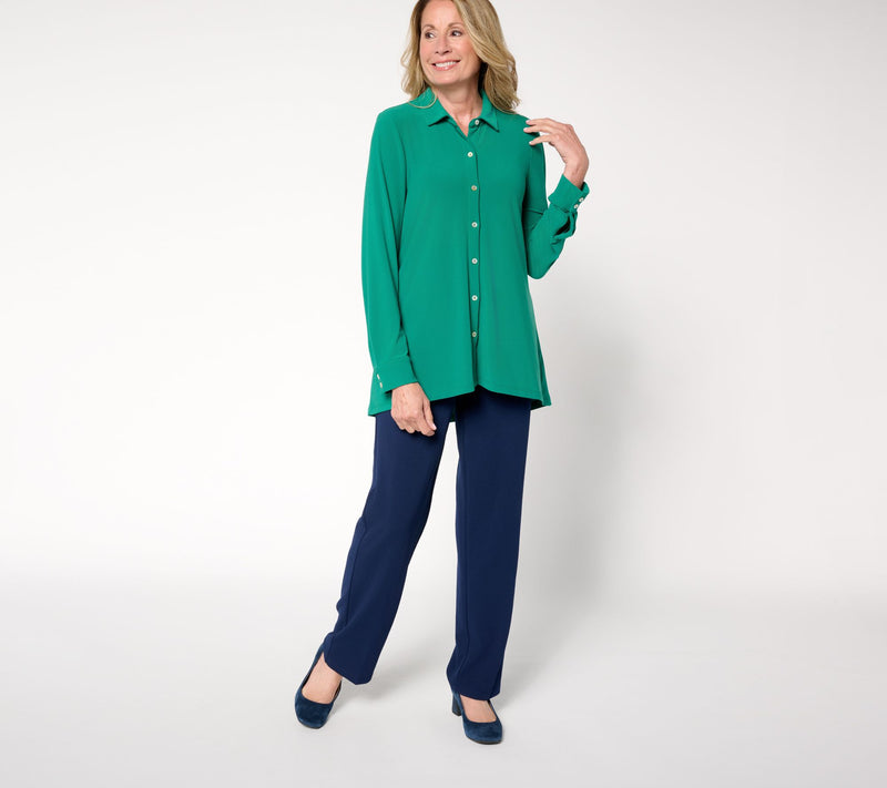 Dennis Basso Caviar Crepe Knit Button Front Big Shirt w/ Hi-Low Hem — View 15