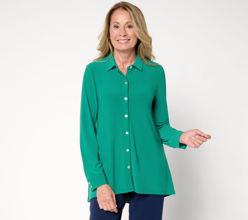 Dennis Basso Caviar Crepe Knit Button Front Big Shirt w/ Hi-Low Hem — View 7