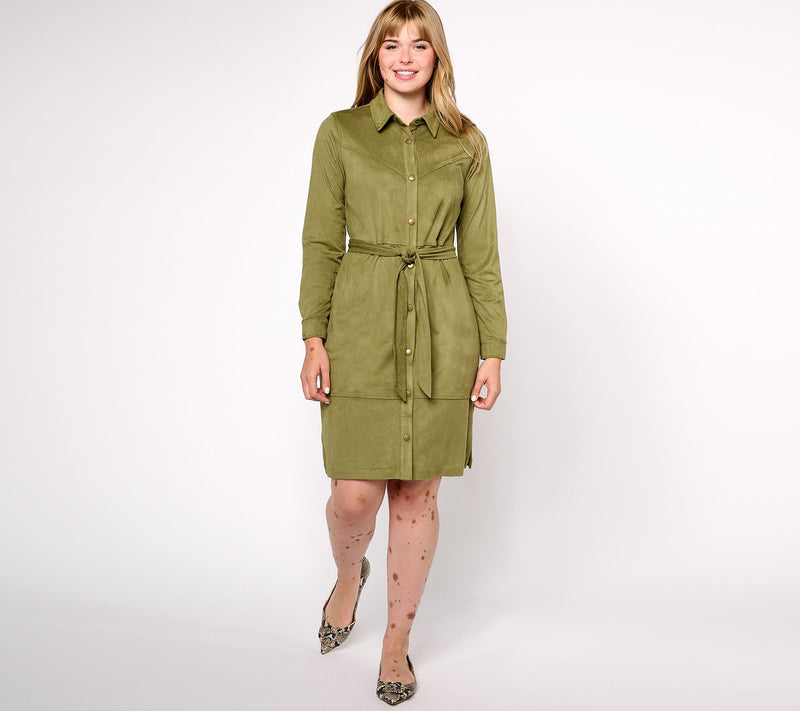Denim & Co. Canyon Retreat Regular Belted Snap Front Faux Suede Dress — View 7