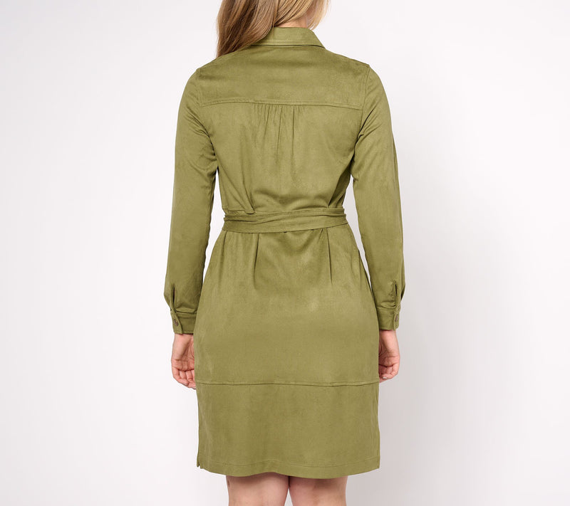 Denim & Co. Canyon Retreat Petite Belted Snap Front Faux Suede Dress — View 4