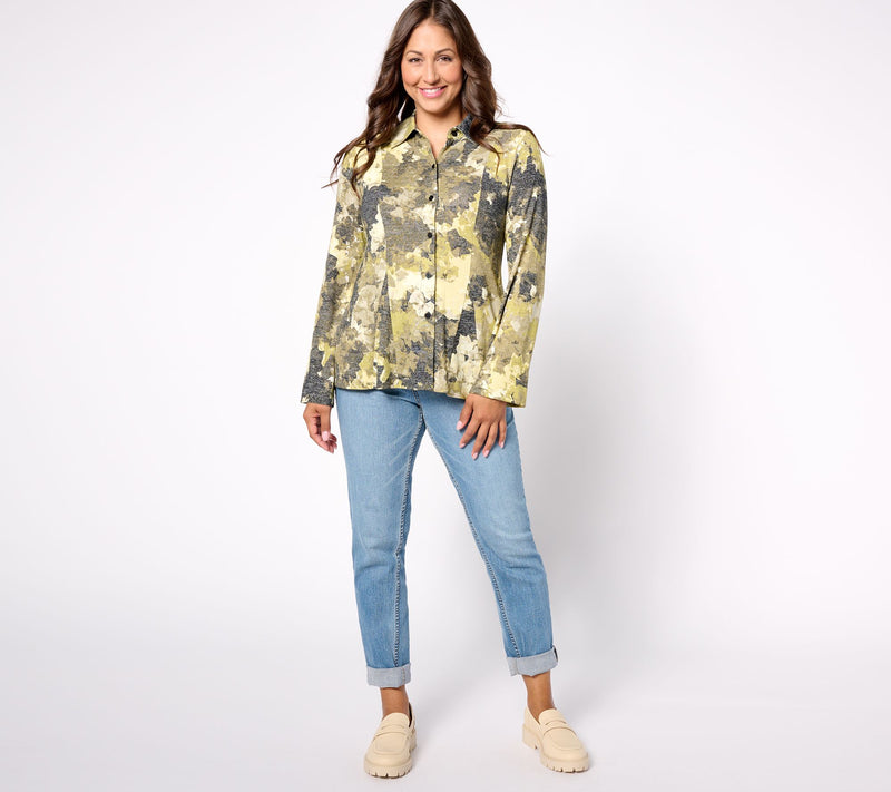 Women with Control Printed Button Front Godet Shirt — View 3