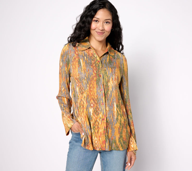 Women with Control Printed Button Front Godet Shirt — View 8
