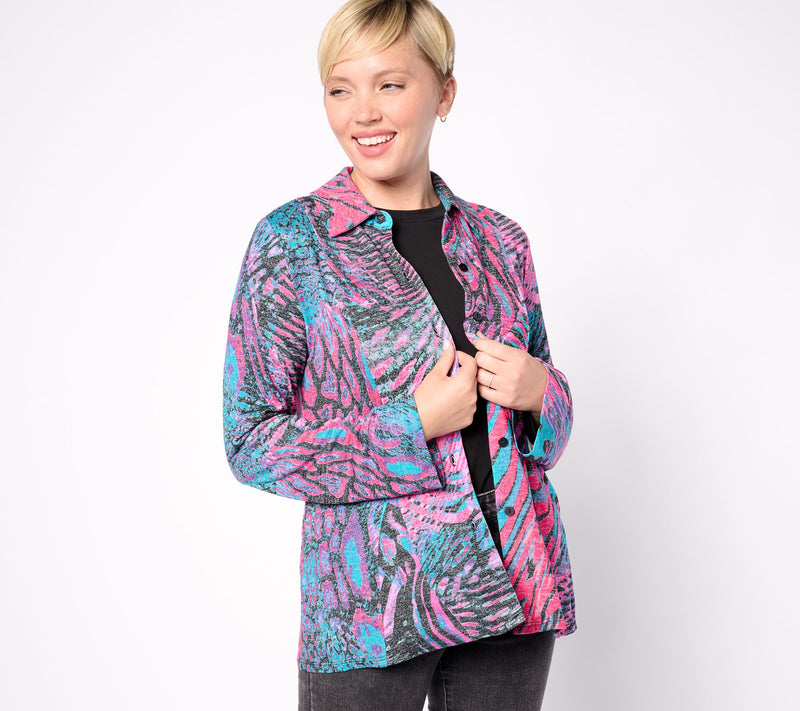 Women with Control Printed Button Front Godet Shirt — View 9