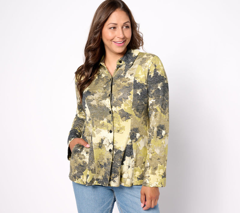 Women with Control Printed Button Front Godet Shirt — View 10