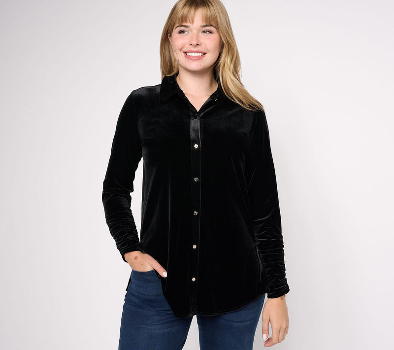 Susan Graver Regular Knit Velvet Button Front Long Sleeve Shirt — View 19