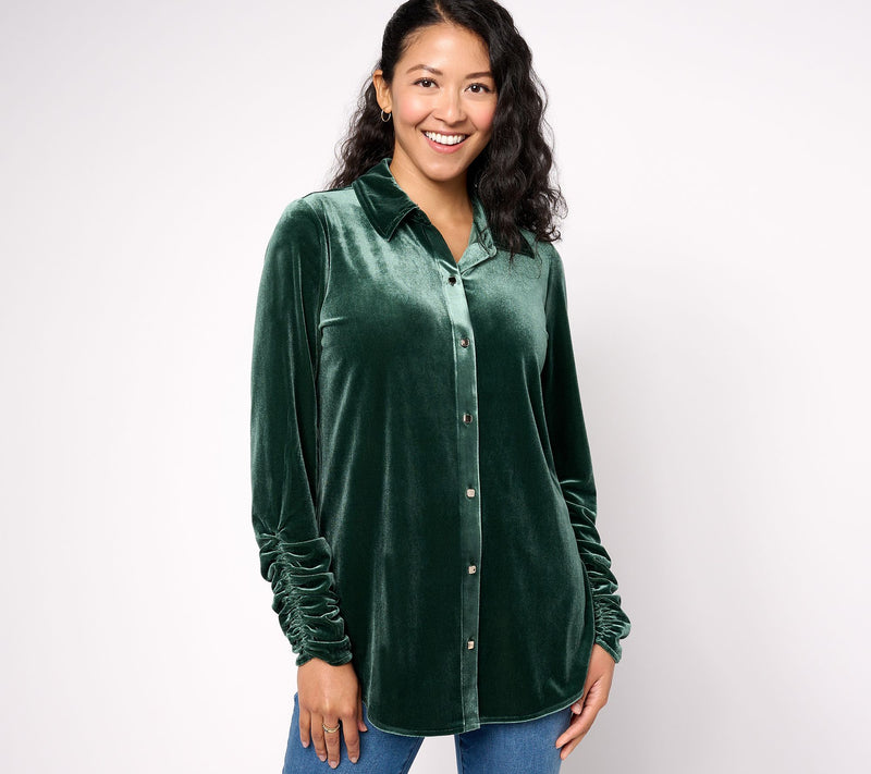 Susan Graver Regular Knit Velvet Button Front Long Sleeve Shirt — View 20