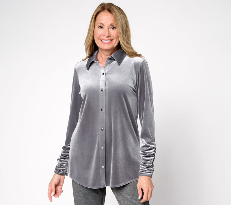 Susan Graver Regular Knit Velvet Button Front Long Sleeve Shirt — View 5