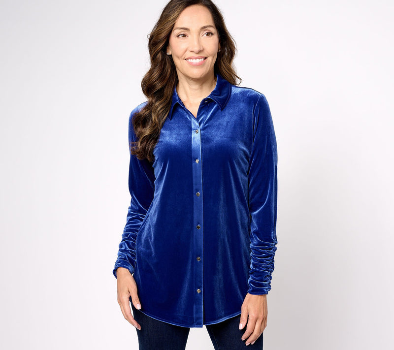 Susan Graver Petite Knit Velvet Button Front Long Sleeve Shirt — View 2