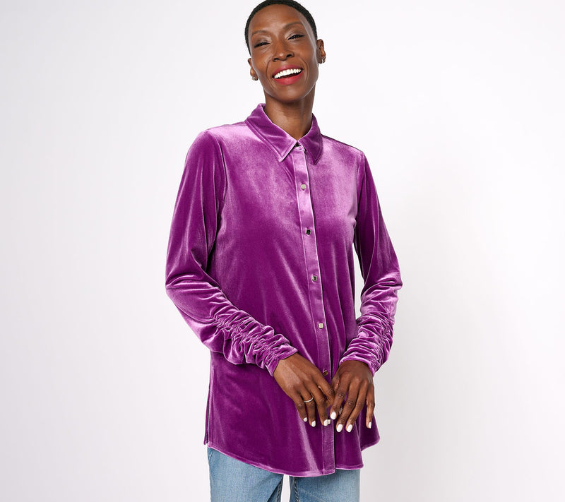 Susan Graver Petite Knit Velvet Button Front Long Sleeve Shirt — View 6