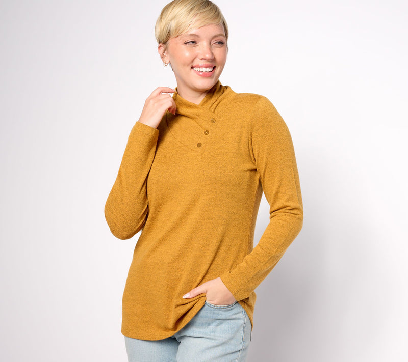 Denim & Co. Heavenly Jersey Long Sleeve Button Neckline Knit Top — Main view
