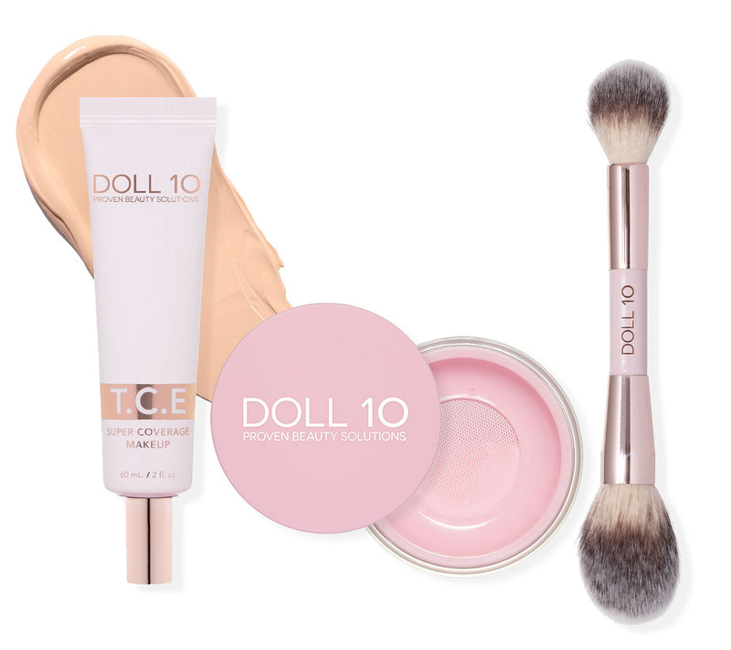 Doll 10 Super-Size TCE Foundation, Pink Powder,and Brush 3pc Set — View 5