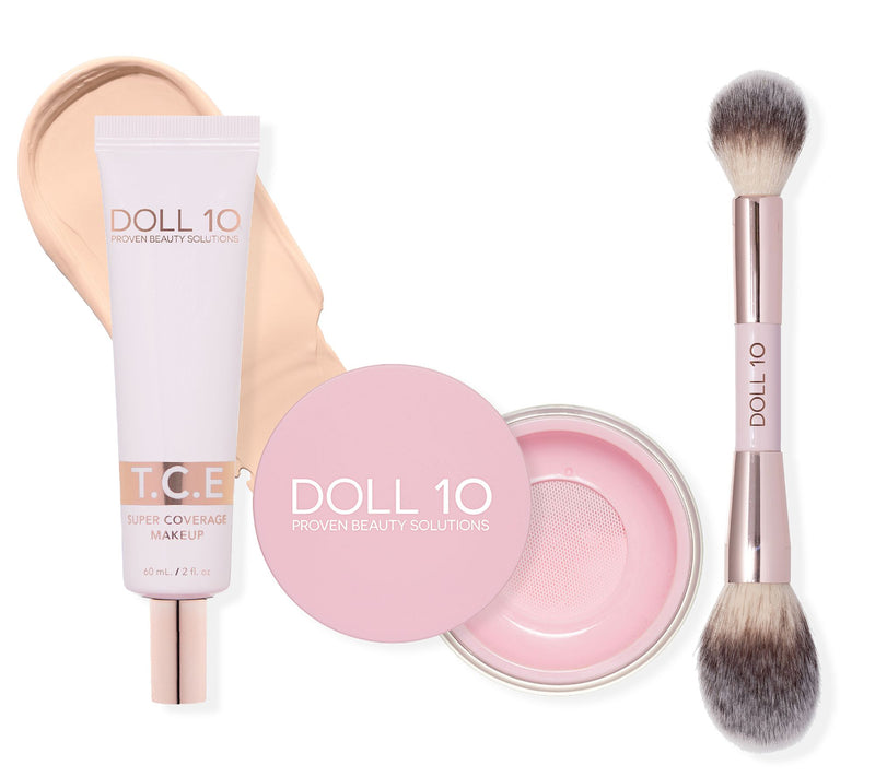 Doll 10 Super-Size TCE Foundation, Pink Powder,and Brush 3pc Set — View 3