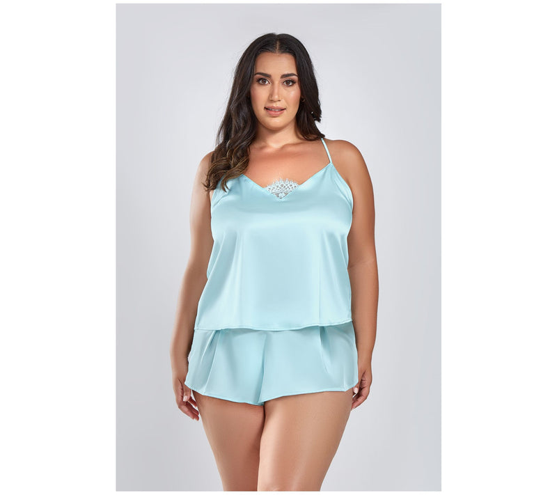 iCollection Satin Cami and Short Eyelash Lace Trim Set — View 6