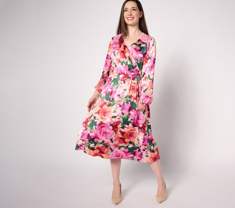 Isaac Mizrahi Live! Regular Floral Printed Ruched Long Sleeve Dress — View 7