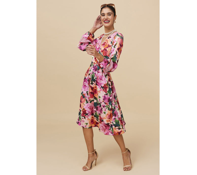 Isaac Mizrahi Live! Regular Floral Printed Ruched Long Sleeve Dress — View 9