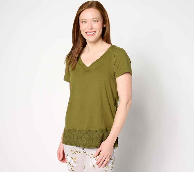 Cuddl Duds Flexwear V-Neck Top with Eyelet Hem Detail — View 5