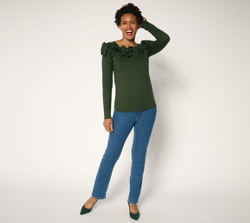 BEAUTIFUL by Lawrence Zarian Silky Ponte Top with Rosette Detail — View 11
