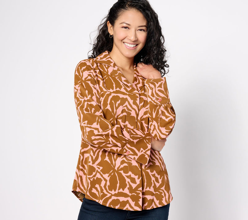 BEAUTIFUL by Lawrence Zarian Printed Stretch Sateen Notched Collar Blouse — View 9