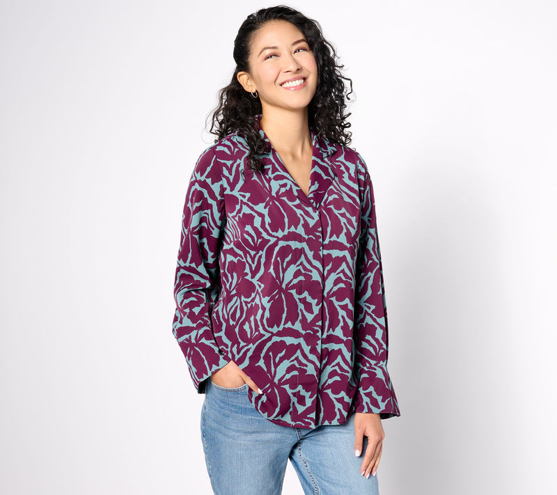 BEAUTIFUL by Lawrence Zarian Printed Stretch Sateen Notched Collar Blouse — View 10