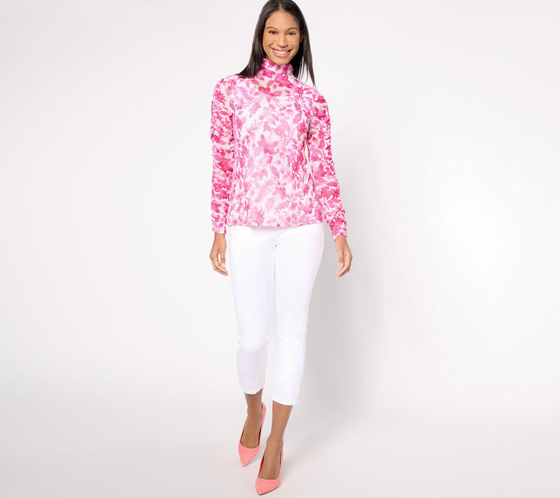 Susan Graver Printed Mesh Ruched Mock-Neck Long-Sleeve Top — View 11