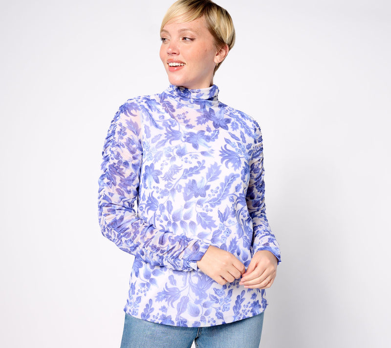 Susan Graver Printed Mesh Ruched Mock-Neck Long-Sleeve Top — View 7