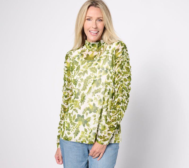 Susan Graver Printed Mesh Ruched Mock-Neck Long-Sleeve Top — View 5