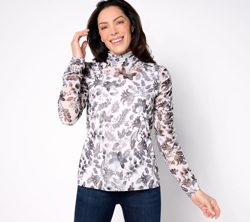 Susan Graver Printed Mesh Ruched Mock-Neck Long-Sleeve Top — View 9
