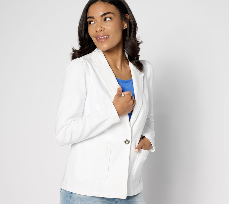 Susan Graver Denim Notch Collar Puff Sleeve Blazer — View 7