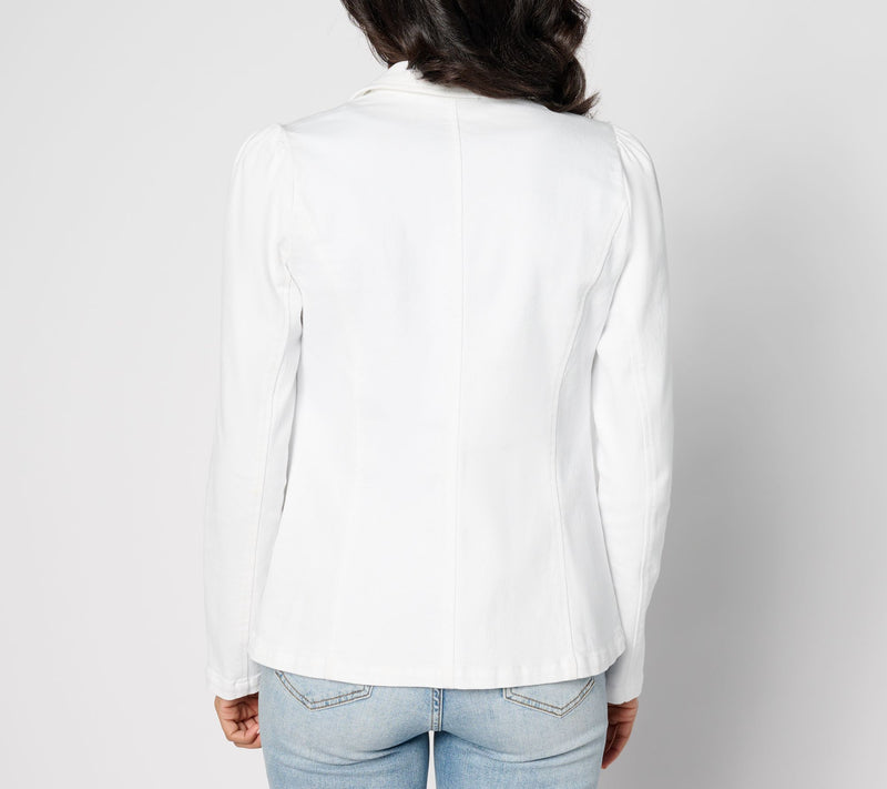 Susan Graver Denim Notch Collar Puff Sleeve Blazer — View 2