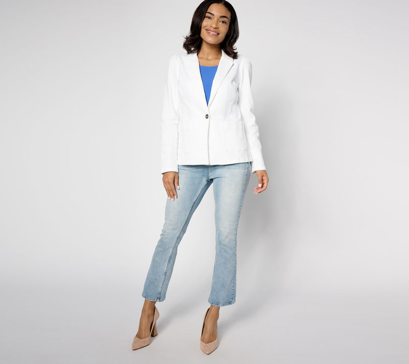Susan Graver Denim Notch Collar Puff Sleeve Blazer — View 3