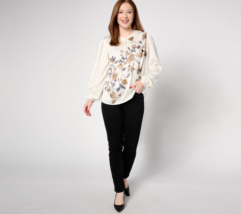 Isaac Mizrahi Live! Floral Printed Stretch Charmeuse Blouse — View 9