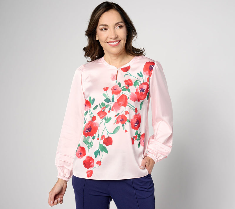 Isaac Mizrahi Live! Floral Printed Stretch Charmeuse Blouse — Main view