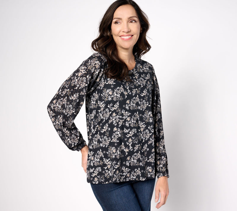 LOGO by Lori Goldstein Long Sleeve Printed Eyelet Mix Top — View 7