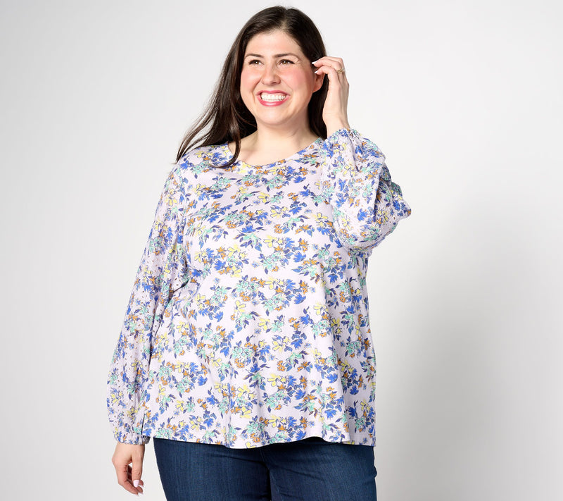 LOGO by Lori Goldstein Long Sleeve Printed Eyelet Mix Top — View 3