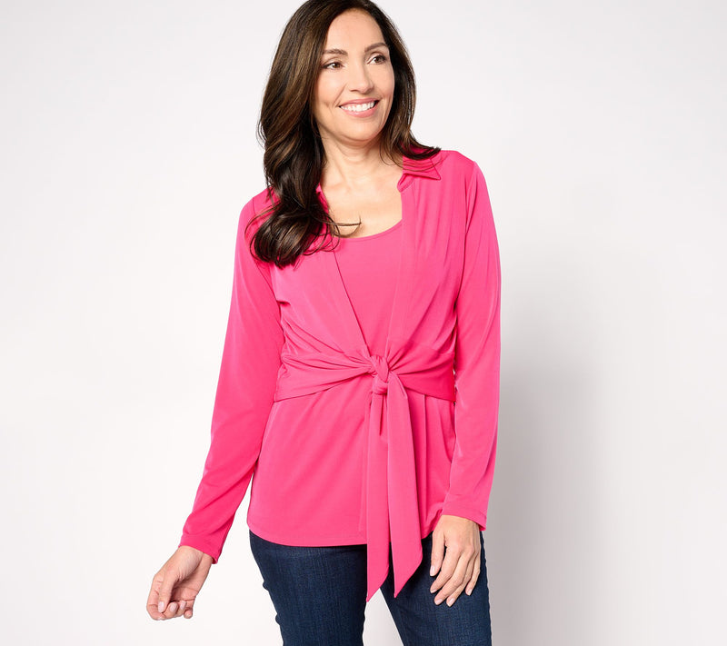 Susan Graver Passport Liquid Knit Long Sleeve Tie Front Shrug Set — Main view