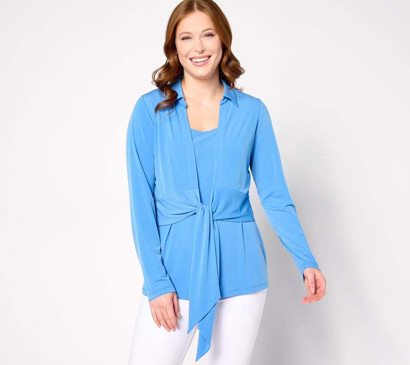 Susan Graver Passport Liquid Knit Long Sleeve Tie Front Shrug Set — View 7