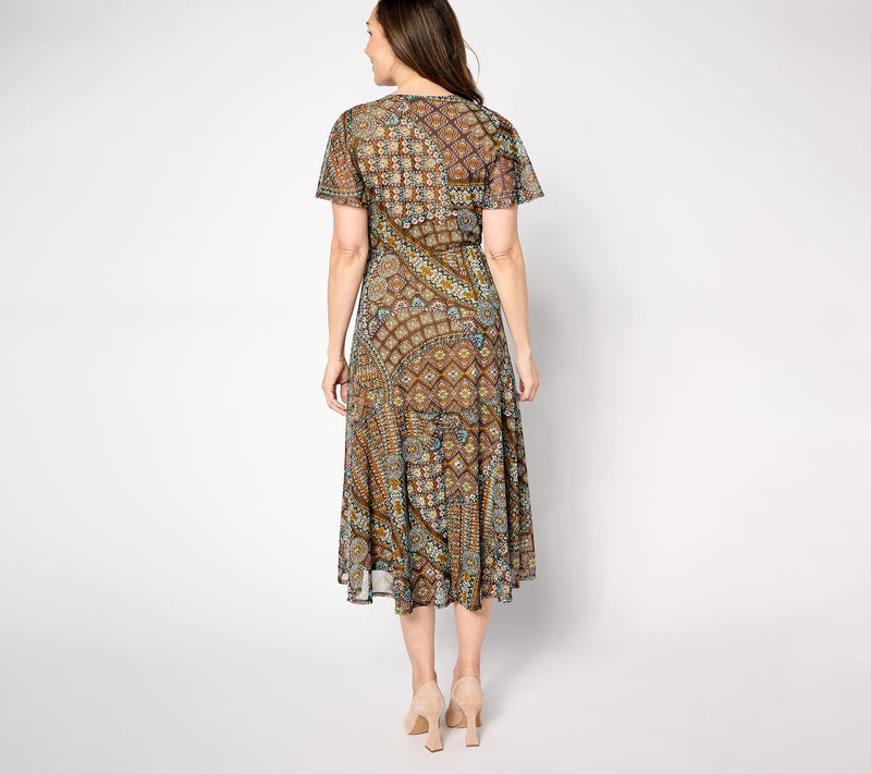 Susan Graver Regular Printed Mesh Flutter Sleeve Faux Wrap Dress — View 2