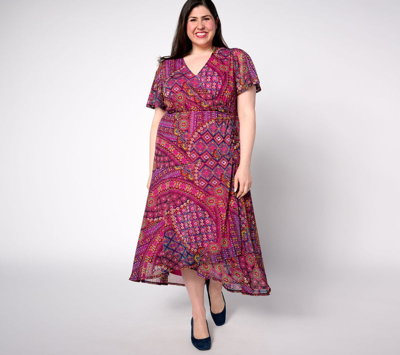 Susan Graver Regular Printed Mesh Flutter Sleeve Faux Wrap Dress — View 7