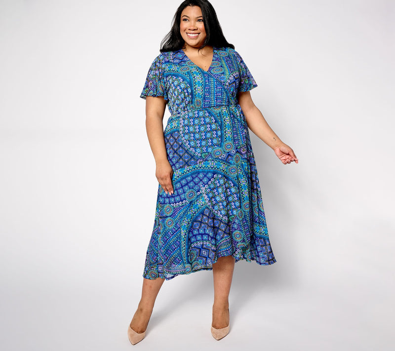 Susan Graver Regular Printed Mesh Flutter Sleeve Faux Wrap Dress — View 8