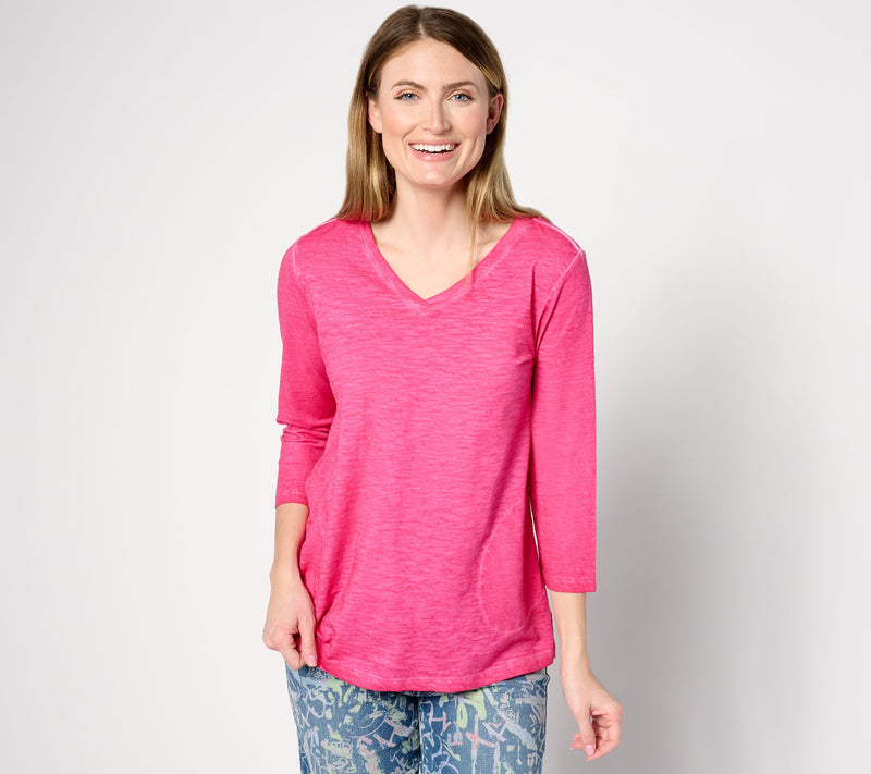 LOGO by Lori Goldstein Distressed Cotton V-Neck Top — View 9