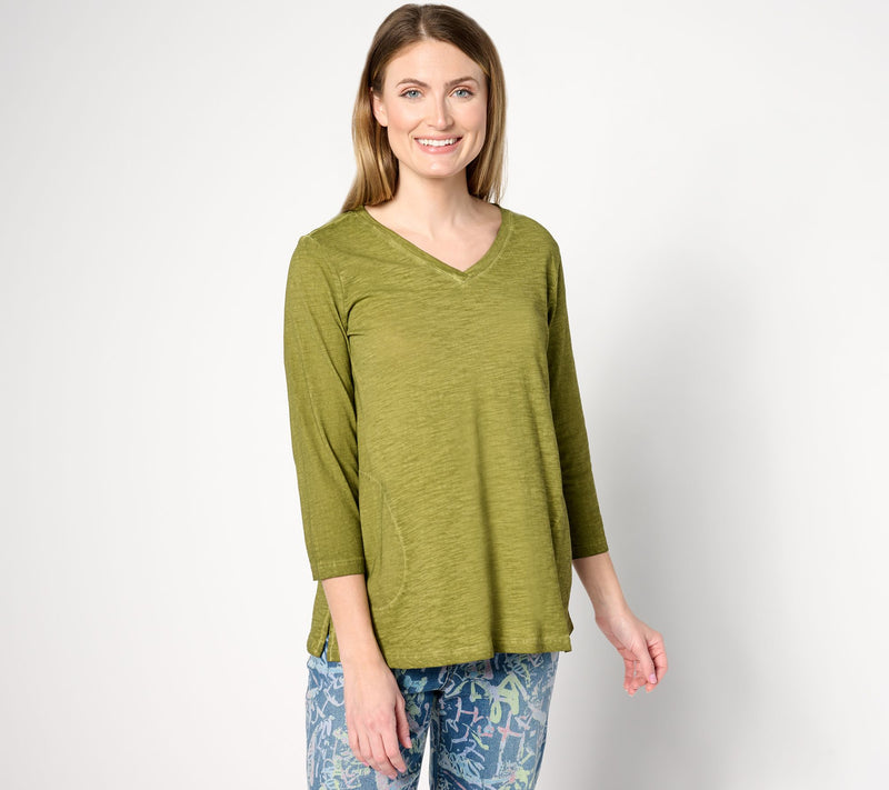 LOGO by Lori Goldstein Distressed Cotton V-Neck Top — View 10