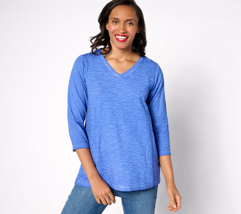 LOGO by Lori Goldstein Distressed Cotton V-Neck Top — View 12