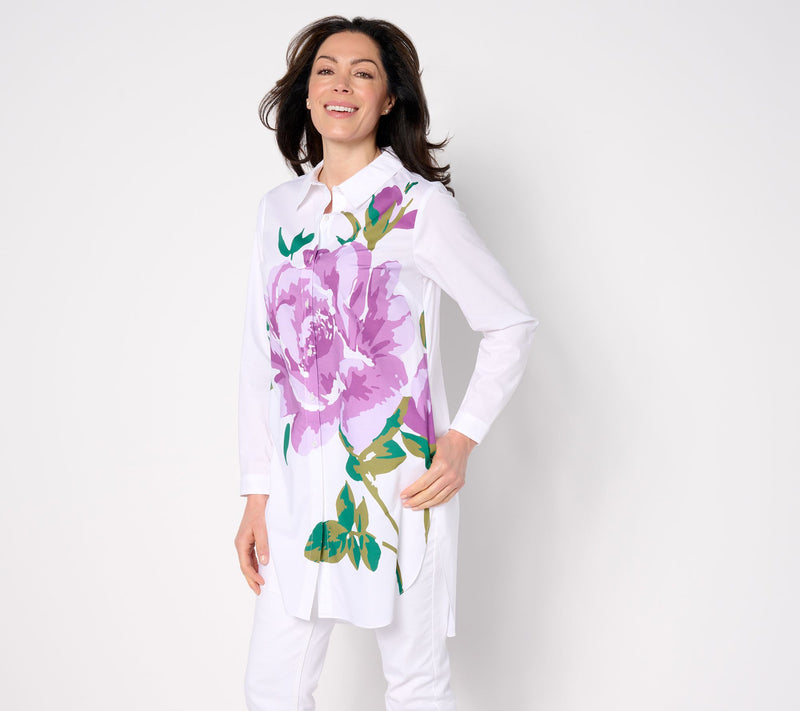 Isaac Mizrahi Live! Petite Placement Floral Print Poplin Tunic — View 7